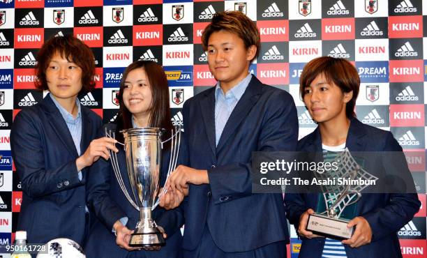 Mizuho Sakaguchi, Yui Hasegawa, Ayaka Yamashita and Mana Iwabuchi of Japan attend a press conference on arrival at Narita International Airport on...