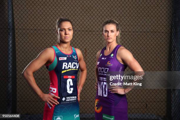 Kate Maloney of the Melbourne Vixens and Gabi Simpson of the Queensland Firebirds pose during the Suncorp Super Netball 2018 season launch on April...