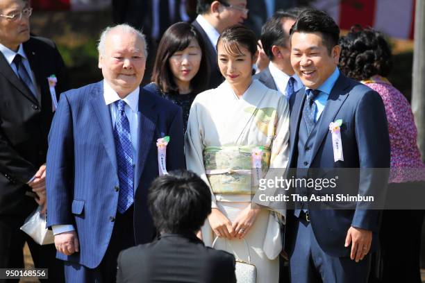Retired Shogi player Hifumi Kato , tv personality Yukina Kinoshita and his husband and comedian Toshifumi Fujimoto attend the cherry blossom viewing...