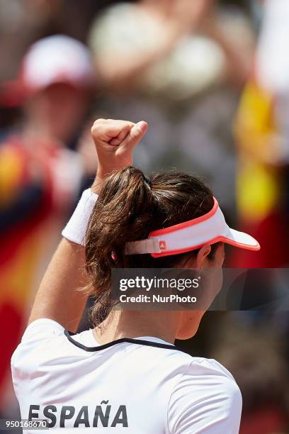 Garbine Muguruza of Spain celebrates the victory in her match against Veronica Cepede Royg of Paraguay during day two of the Fedcup World Group II...