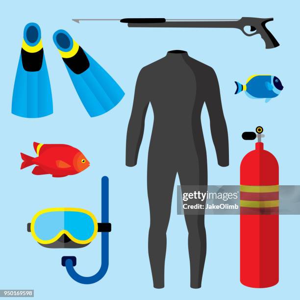 scuba items flat - scuba diving vector stock illustrations