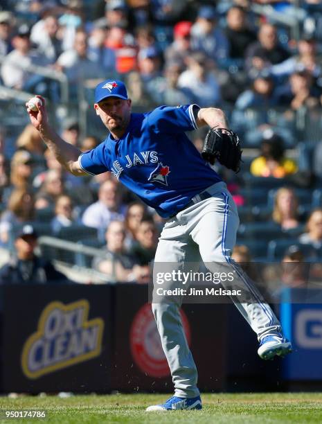 John Axford of the Toronto Blue Jays in action against the New York Yankees at Yankee Stadium on April 22, 2018 in the Bronx borough of New York...