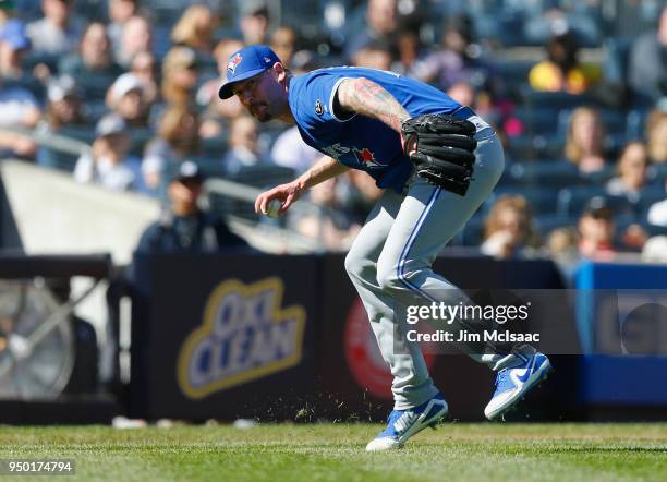 John Axford of the Toronto Blue Jays in action against the New York Yankees at Yankee Stadium on April 22, 2018 in the Bronx borough of New York...