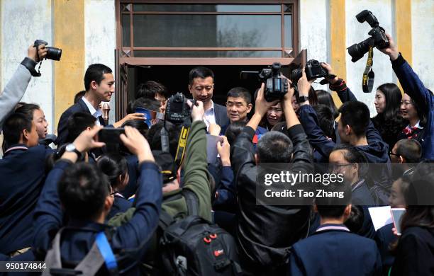 Chinese astronauts Liu Boming visits to Harbin to celebrate China Space Day at The High school Attached to Harbin Institute of Technology on April...