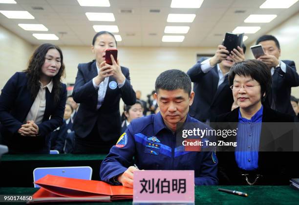 Chinese astronauts Liu Boming visits to Harbin to celebrate China Space Day at The High school Attached to Harbin Institute of Technology on April...