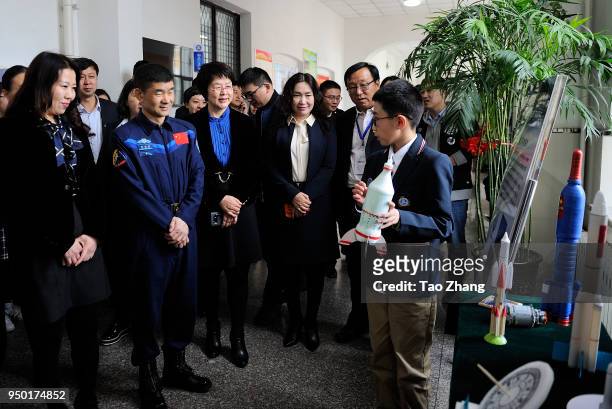 Chinese astronauts Liu Boming visits to Harbin to celebrate China Space Day at The High school Attached to Harbin Institute of Technology on April...
