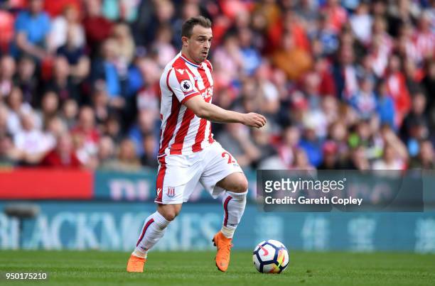 Xherdan Shaqiri of Stoke City during the Premier League match between Stoke City and Burnley at Bet365 Stadium on April 22, 2018 in Stoke on Trent,...