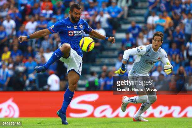Martin Cauteruccio of Cruz Azul scores the first goal of his team during the 16th round match between Cruz Azul and Morelia as part of the Torneo...