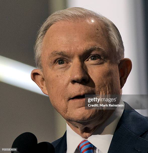 Republican Senator Jeff Sessions addresses the Republican National Nominating Convention during the opening the second day of the convention from the...