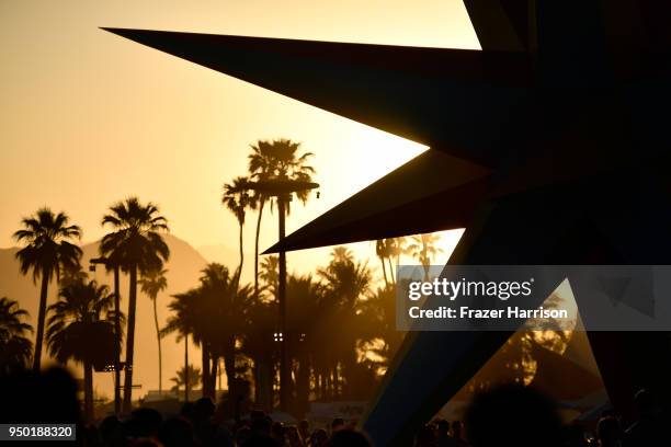 Art installation Supernova by R & R Studios is seen at sunset during the 2018 Coachella Valley Music And Arts Festival at the Empire Polo Field on...