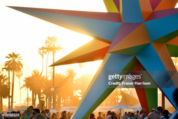 Art installation Supernova by R & R Studios is seen at sunset during the 2018 Coachella Valley Music And Arts Festival at the Empire Polo Field on...