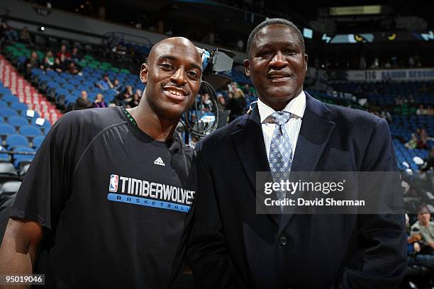 Damien Wilkins of the Minnesota Timberwolves poses for a picture with his uncle NBA Greats Dominique Wilkins, prior to the game against the Atlanta...