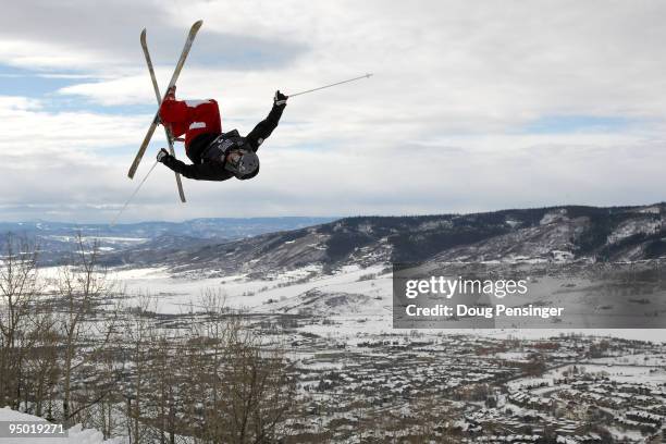 Michael Morse does an aerial during training on the mogul course at the US Freestyle Skiing Olympic Trials on December 22, 2009 in Steamboat Springs,...