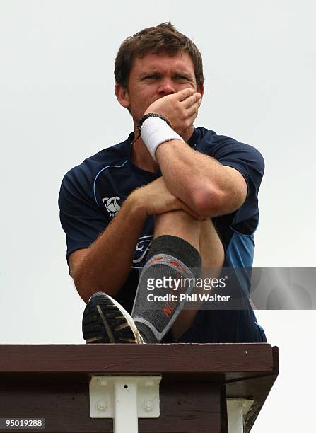 Lou Vincent of the Auckland Aces watches play from the balcony during the One Day match between the Auckland Aces and the Wellington Firebirds at...