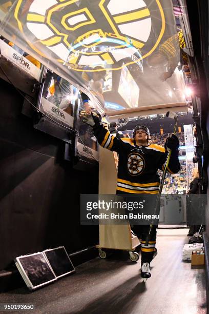 Tory Krug of the Boston Bruins walks to the locker room before the game against the Toronto Maple Leafs during the First Round of the 2018 Stanley...