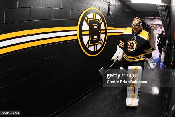 Tuukka Rask of the Boston Bruins walks to the locker room before the game against the Toronto Maple Leafs during the First Round of the 2018 Stanley...