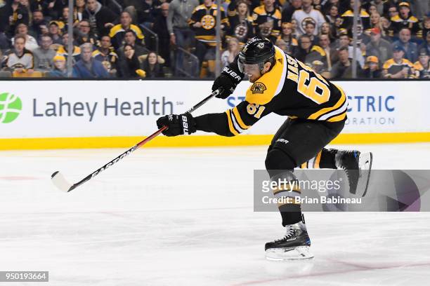 Rick Nash of the Boston Bruins shoots against the Toronto Maple Leafs during the First Round of the 2018 Stanley Cup Playoffs at the TD Garden on...