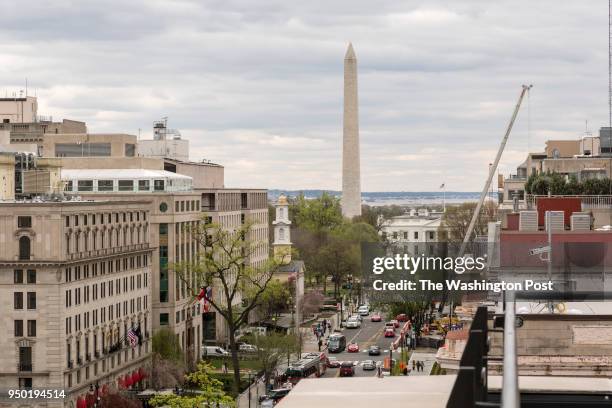 View south on 16th Street NW of the Washington Monument and the White House from the roof of the Adel on April 17, 2018 in Washington DC.