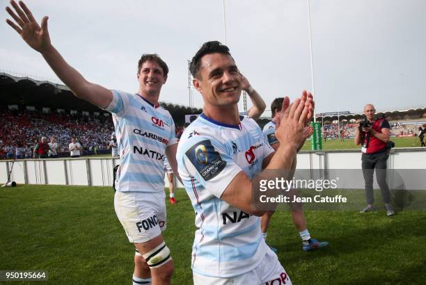 Dan Carter, Baptiste Chouzenoux of Racing 92 celebrates the victory following the EPCR European Rugby Champions Cup semi-final match between Racing...