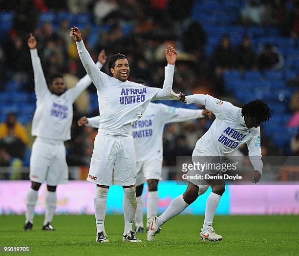 Rodolfo Bodipo of Africa United celebrates after scoring a goal against the Spanish La Liga Selection during a charity match called 'Champions For...