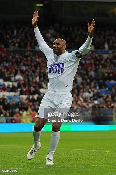 Frederic Kanoute of Africa United celebrates after scoring a goal against the Spanish La Liga Selection during a charity match between Africa United...