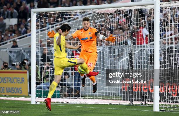 Edinson Cavani of PSG scores a goal against goalkeeper of Bordeaux Benoit Costil but the goal is refused during the French Ligue 1 match between FC...