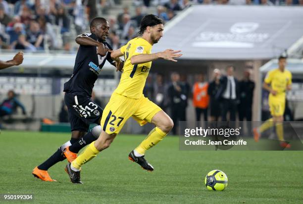 Javier Pastore of PSG, Younousse Sankhare of Bordeaux during the French Ligue 1 match between FC Girondins de Bordeaux and Paris Saint Germain at...