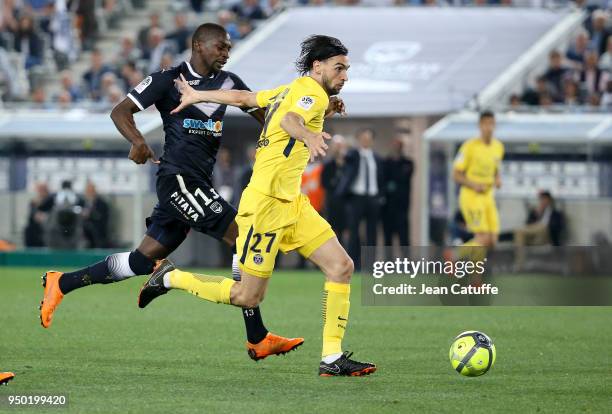 Javier Pastore of PSG, Younousse Sankhare of Bordeaux during the French Ligue 1 match between FC Girondins de Bordeaux and Paris Saint Germain at...