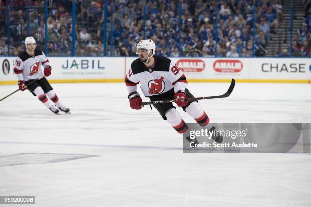 Marcus Johansson of the New Jersey Devils in Game Five of the Eastern Conference First Round during the 2018 NHL Stanley Cup Playoffs at Amalie Arena...