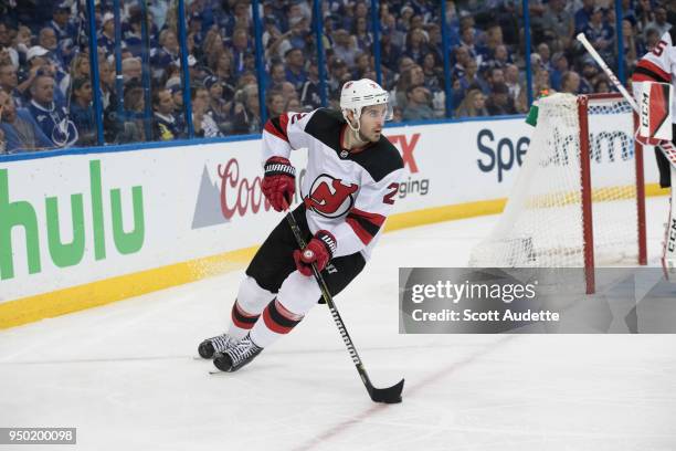 John Moore of the New Jersey Devils in Game Five of the Eastern Conference First Round during the 2018 NHL Stanley Cup Playoffs at Amalie Arena on...