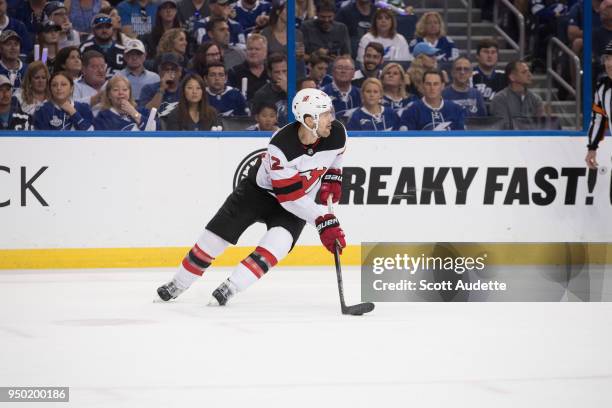 Ben Lovejoy of the New Jersey Devils in Game Five of the Eastern Conference First Round during the 2018 NHL Stanley Cup Playoffs at Amalie Arena on...