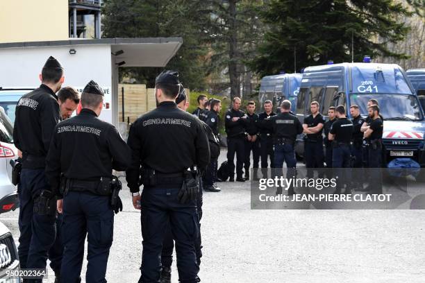 French gendarmes who arrived to reinforce police forces in security maintanenace are pictured on April 23, 2018 in Briancon, southeastern France. -...