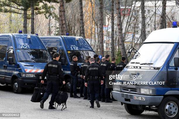 French gendarmes who arrived to reinforce police forces in security maintanenace are pictured on April 23, 2018 in Briancon, southeastern France....