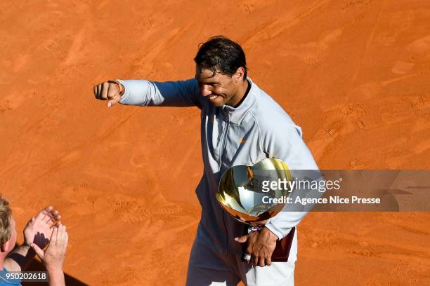 Rafael Nadal of Spain celebrate his victory with his trophy during the Monte Carlo Rolex Masters 1000 at Monte Carlo on April 22, 2018 in Monaco,...
