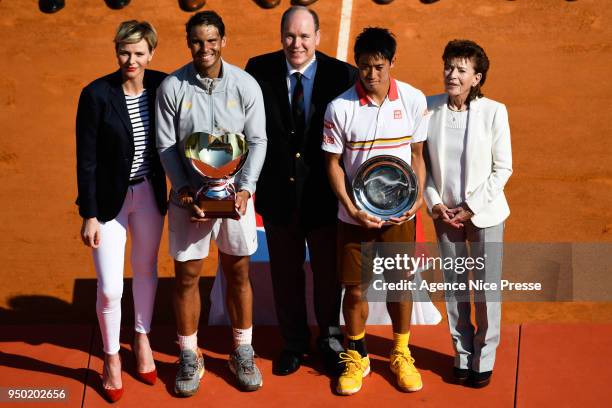 Princess Charlene, Prince Albert of Monaco, Elisabeth Anne de Massy, President of Monaco tennis federation, Rafael Nadal of Spain and Kei Nishikori...