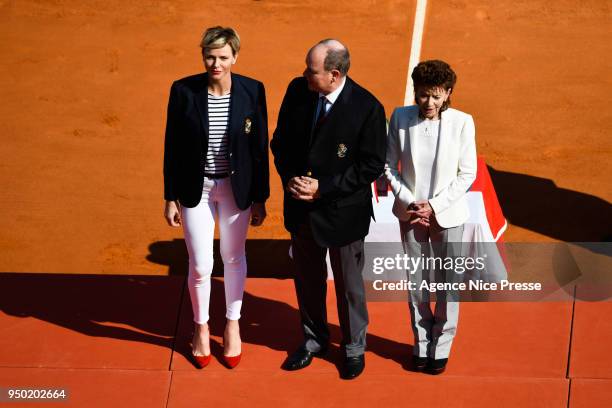 Prince Albert of Monaco, Princess Charlene and Elisabeth-Anne de Massy, president of Monaco tennis federation and Kei Nishikori of Japan during the...