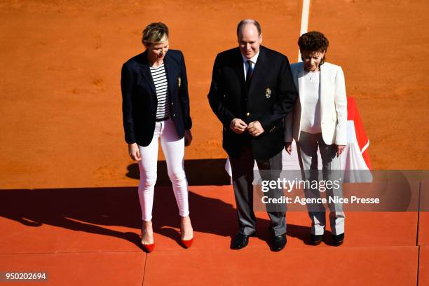 Prince Albert of Monaco, Princess Charlene and Elisabeth-Anne de Massy, president of Monaco tennis federation and Kei Nishikori of Japan during the...