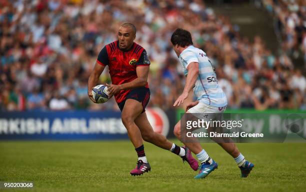Bordeaux , France - 22 April 2018; Simon Zebo of Munster in action against Henry Chavancy of Racing 92 during the European Rugby Champions Cup...