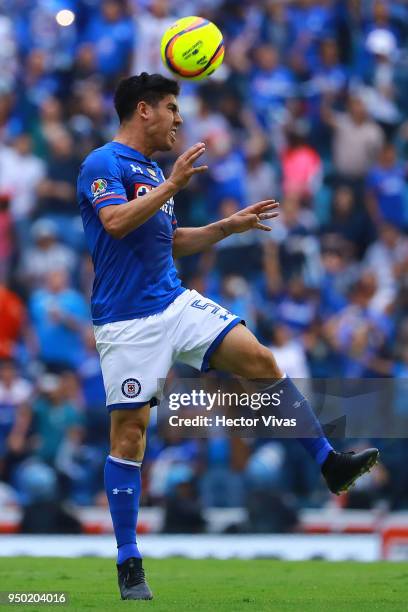 Francisco Silva of Cruz Azul heads the ball during the 16th round match between Cruz Azul and Morelia as part of the Torneo Clausura 2018 Liga MX at...