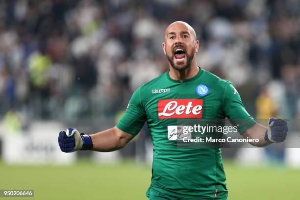 Pepe Reina of Ssc Napoli celebrate at the end of the Serie A football match between Juventus Fc and Ssc Napoli. Ssc Napoli wins 1-0 over Juventus Fc.