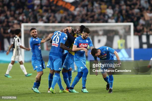 Napoli players celebrate their victory at the end of the Serie A football match between Juventus Fc and Ssc Napoli. Ssc Napoli wins 1-0 over Juventus...