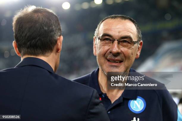 Maurizio Sarri, head coach of Ssc Napoli, and Massimiliano Allegri , head coach of Juventus Fc, before the Serie A football match between Juventus Fc...