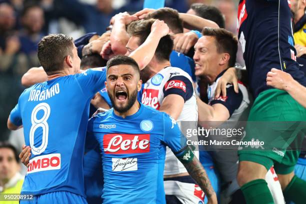Napoli players celebrate their victory at the end of the Serie A football match between Juventus Fc and Ssc Napoli. Ssc Napoli wins 1-0 over Juventus...