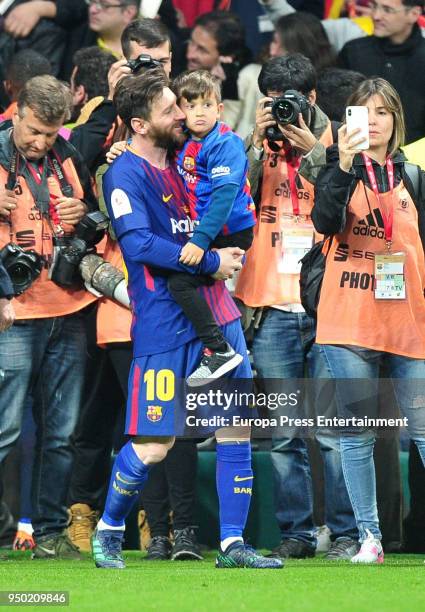 Lionel Messi and his son Thiago Messi are seen at the Spanish Copa del Rey Final match between Barcelona and Sevilla at Wanda Metropolitano on April...