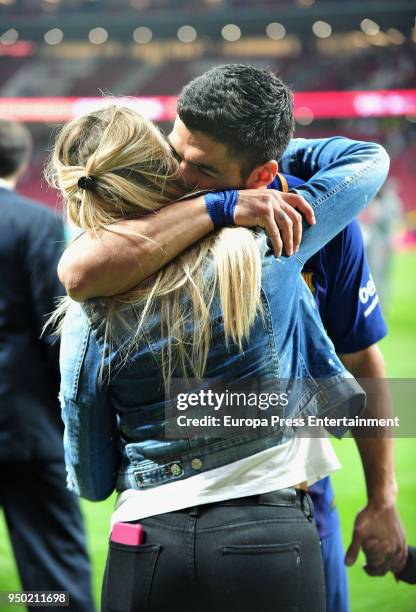 Luis Suarez and his wife Sofia Balbi are seen at the Spanish Copa del Rey Final match between Barcelona and Sevilla at Wanda Metropolitano on April...