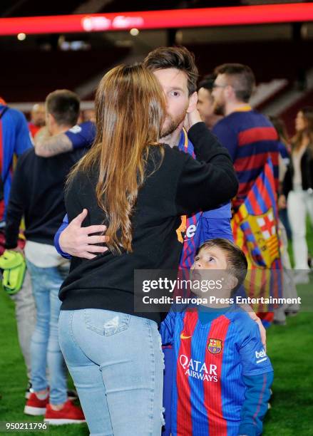 Lionel Messi, his wife Antonella Roccuzzo and his son Thiago Messi are seen at the Spanish Copa del Rey Final match between Barcelona and Sevilla at...