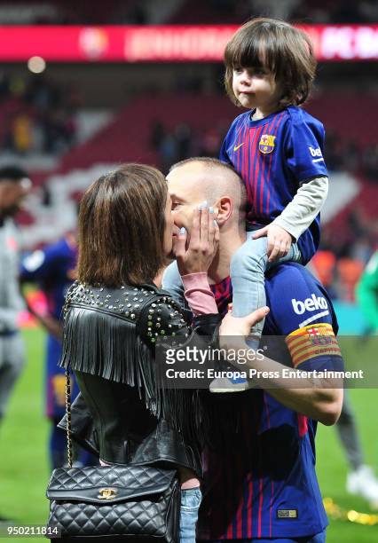Andres Iniesta, his wife Anna Ortiz and their son Paolo Andrea Iniesta Ortiz are seen at the Spanish Copa del Rey Final match between Barcelona and...