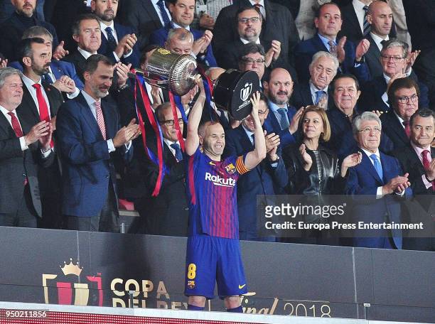 Andres Iniesta and King Felipe of Spain are seen at the Spanish Copa del Rey Final match between Barcelona and Sevilla at Wanda Metropolitano on...