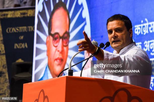 President of the Indian National Congress Party Rahul Gandhi speaks during the launch of the nationwide 'Save the Constitution campaign' in New Delhi...