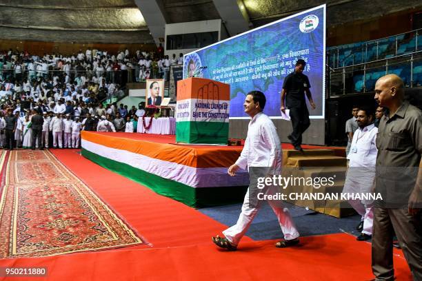 President of the Indian National Congress Party Rahul Gandhi attends the launch of the nationwide 'Save the Constitution campaign' in New Delhi on...